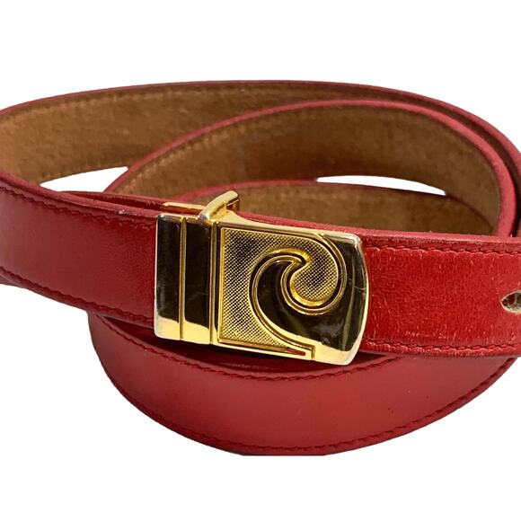 70s Pierre Cardin Red Leather Skinny Belt w Gold Logo Buckle | 31.5 - 37\